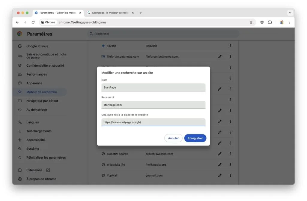 ajouter moteur pour recherche specifique google chrome