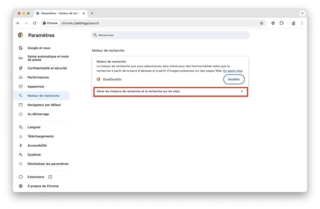 gerer moteur de recherche google chrome