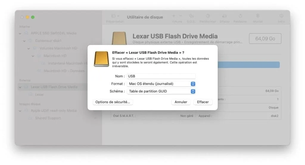 formater cle usb pour disque installation macos sequoia