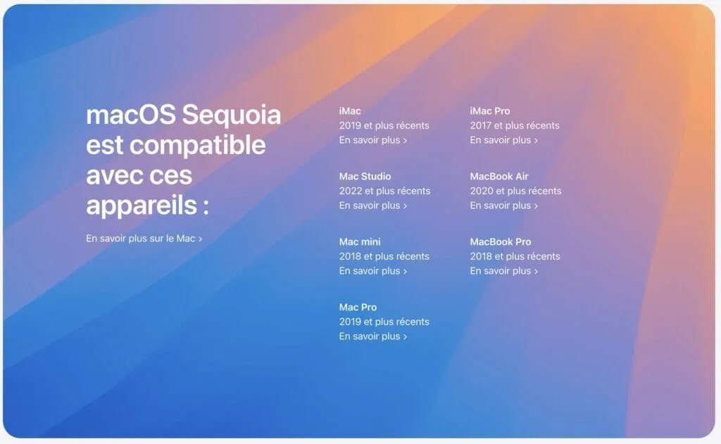 liste Mac compatibles macos Sequoia 15