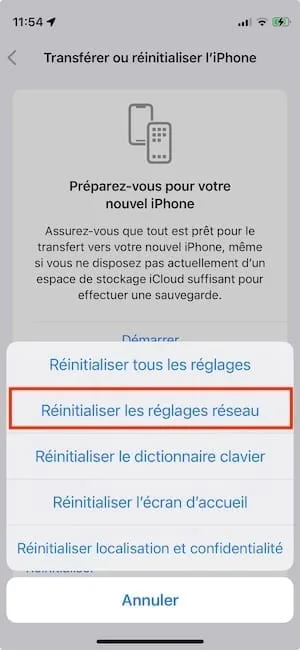 reinitialiser les reglages reseau iphone
