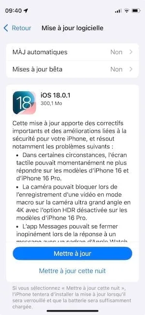 mettre a jour ios 18.0.1