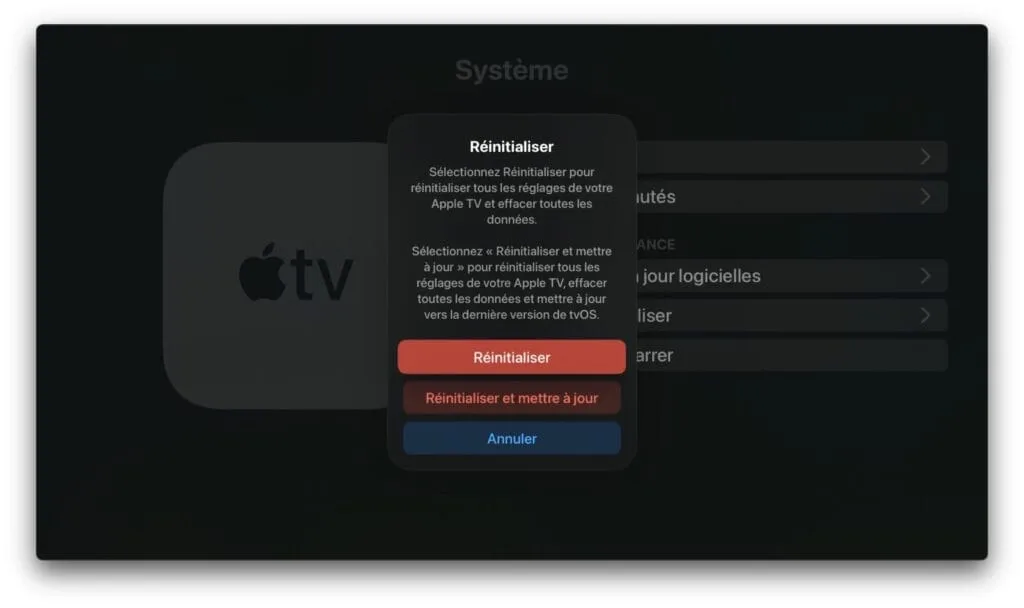 reinitialisation apple tv