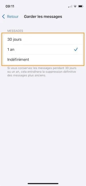 conserver messages iphone 30 jours
