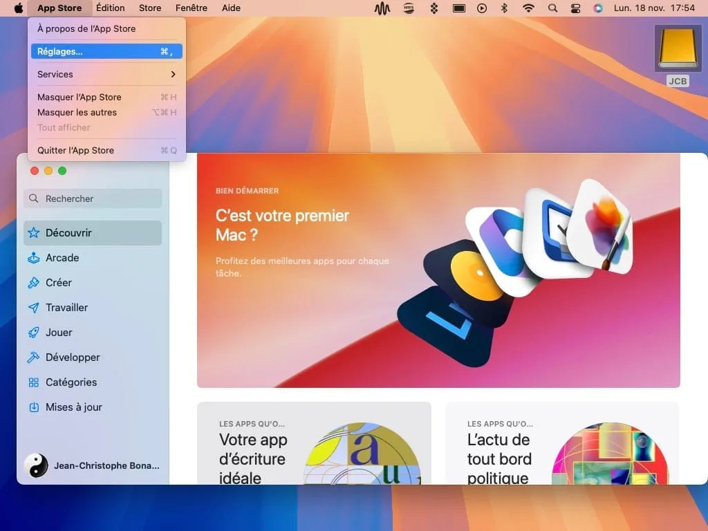 menu reglages app store