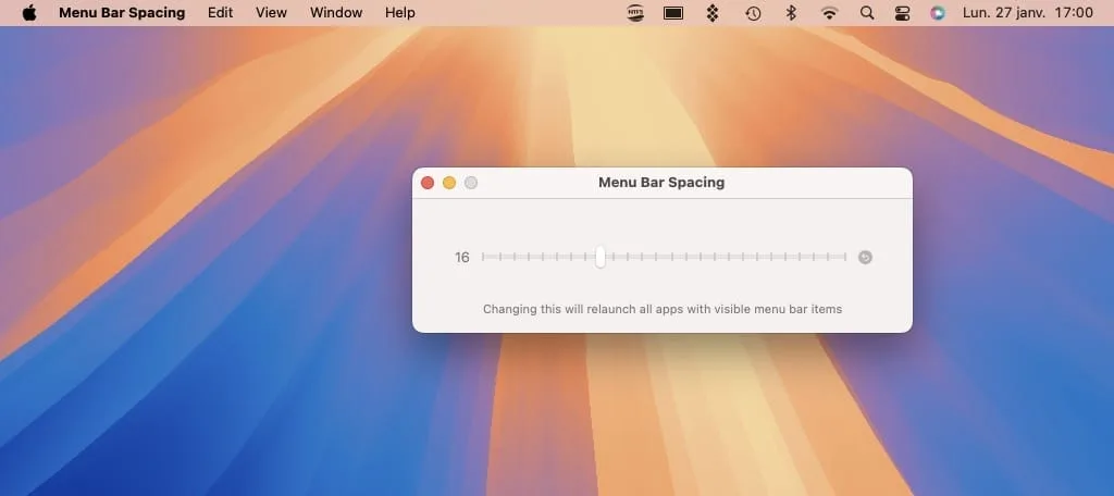 changer espace entre icones dans barre des menus mac