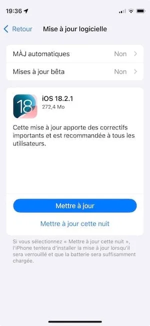 mise a jour ios 18.2.1