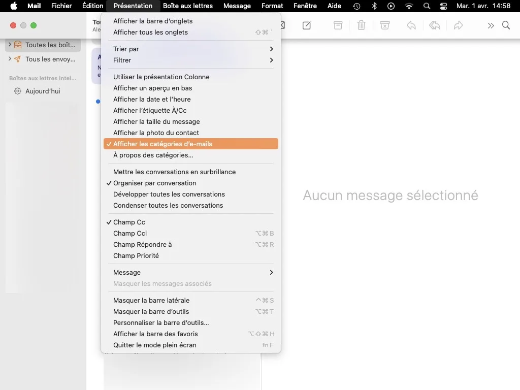desactiver categories mail mac