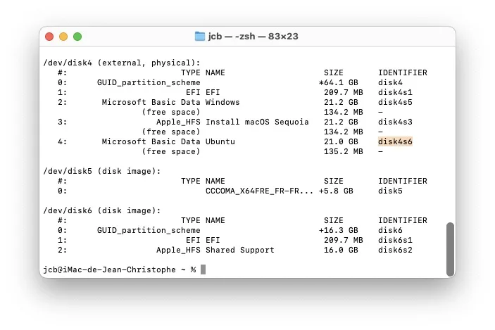 diskutil list identifier partition sur mac