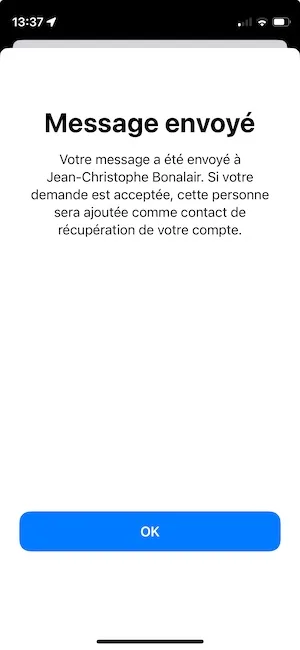 accepter demande contact de recuperation apple