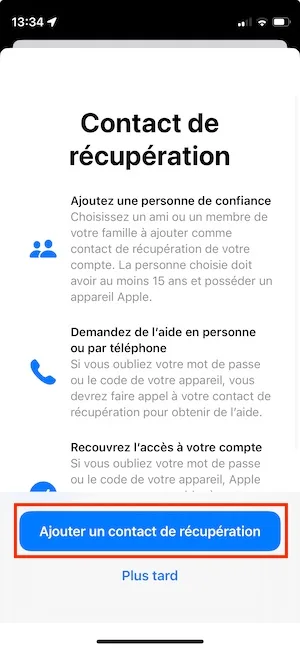 ajouter contact de recuperation