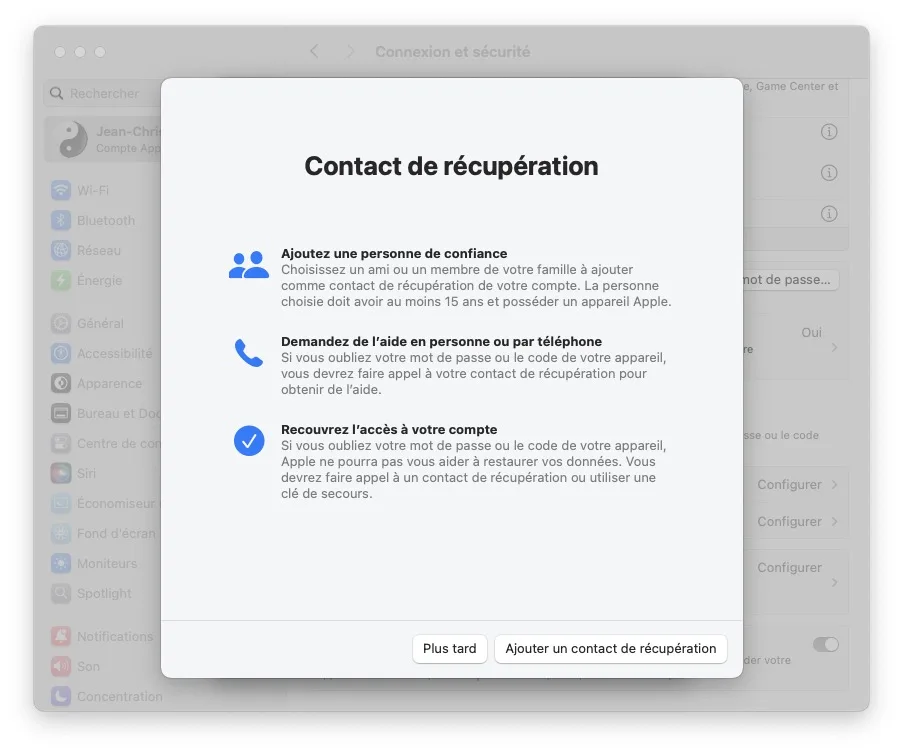 choix contact de recuperation compte apple