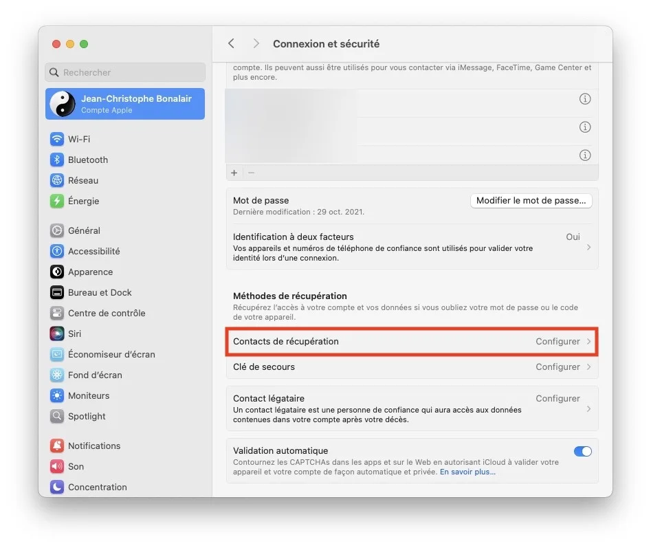 contact de recuperation apple sur macos
