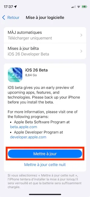mettre a jour ios 26 iphone
