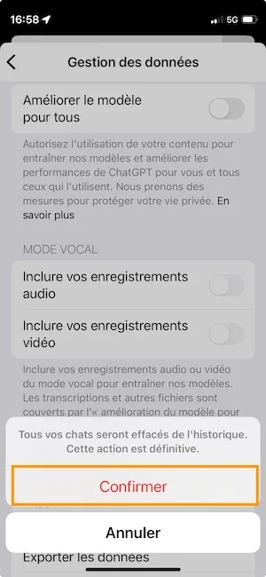 effacer historique chatGPT
