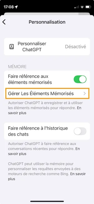 gerer les elements memorises chatGPT