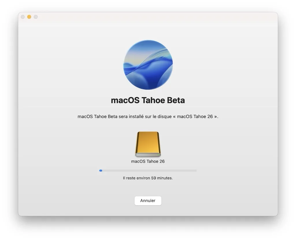 installation en cours macos tahoe 26 sur mac