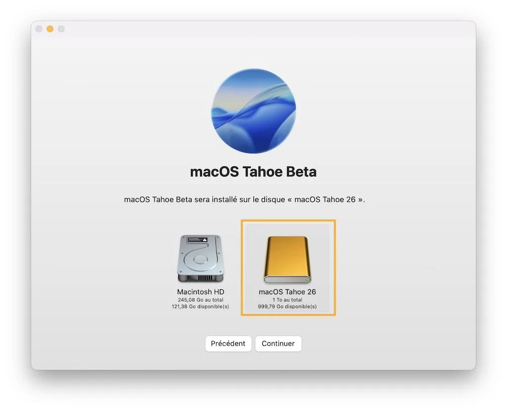 macos tahoe 26 choisir disque dur externe pour installation