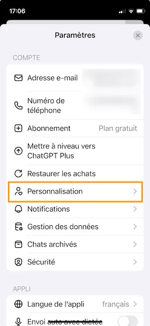 menu personnalisation chatGPT