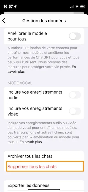 supprimer tous les chats de chatGPT