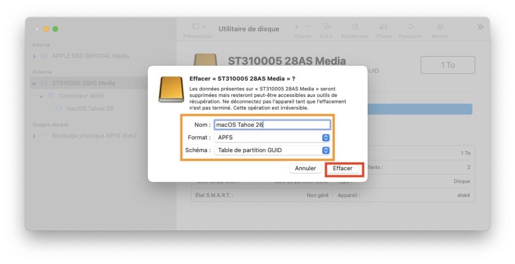 tahoe sur disque dur externe formater disque APFS