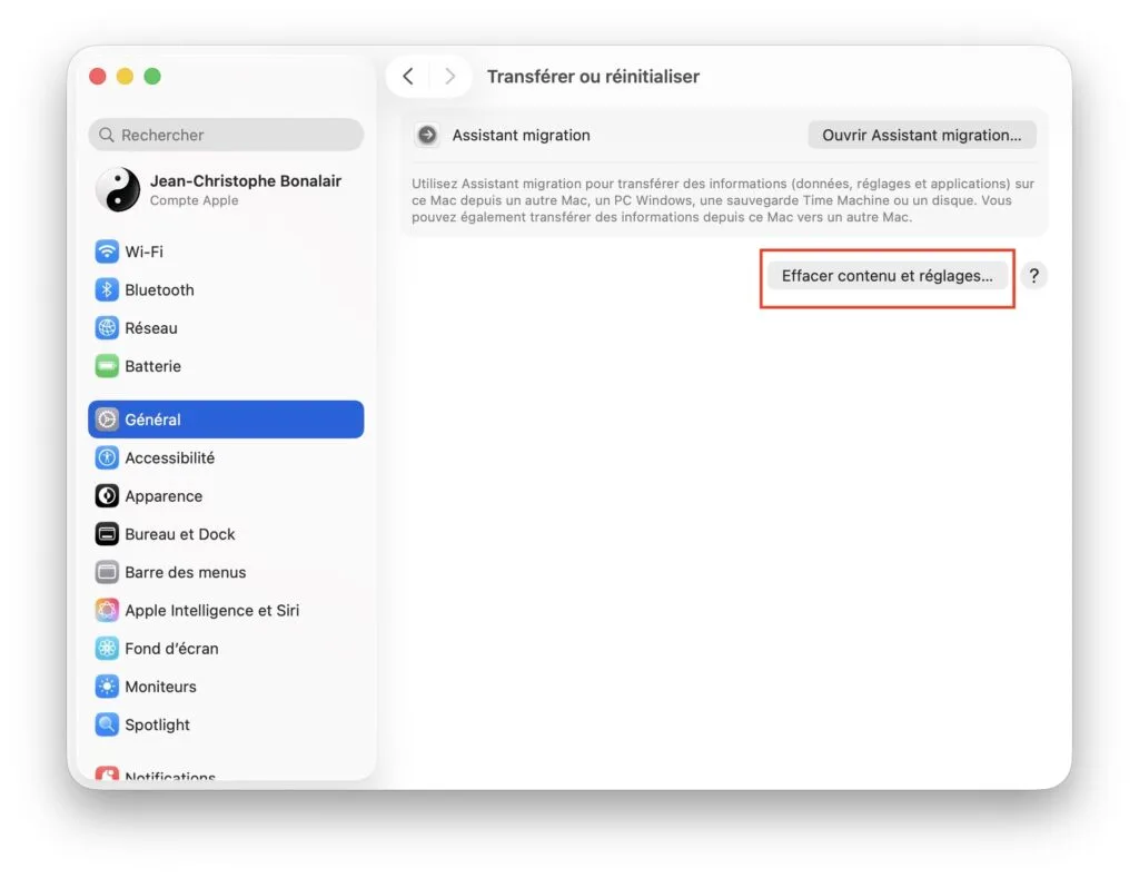 effacer contenu et reglages macos tahoe