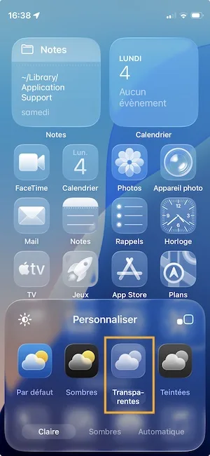 ios 26 afficher transparence claire