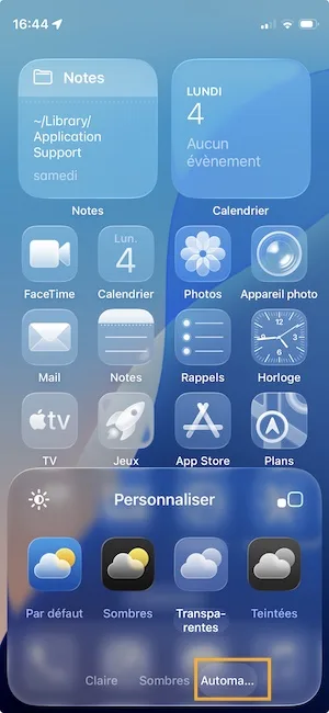 ios 26 afficher transparence mode clair sombre en automatique