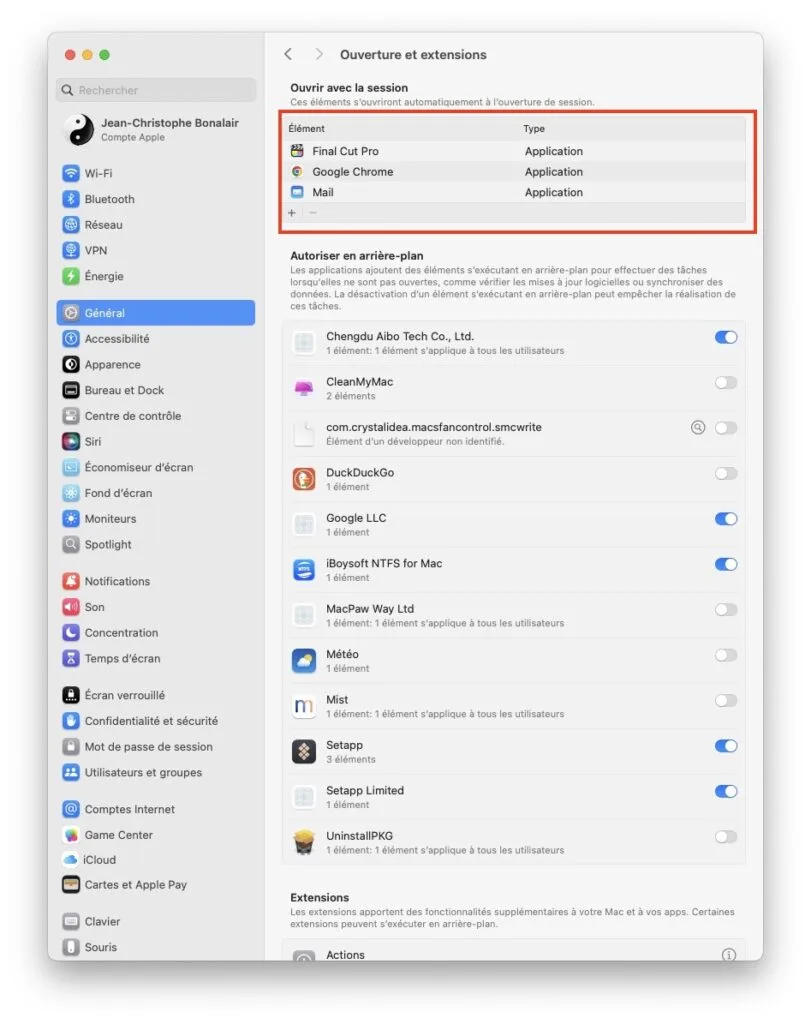 liste des programmes au lancement du mac