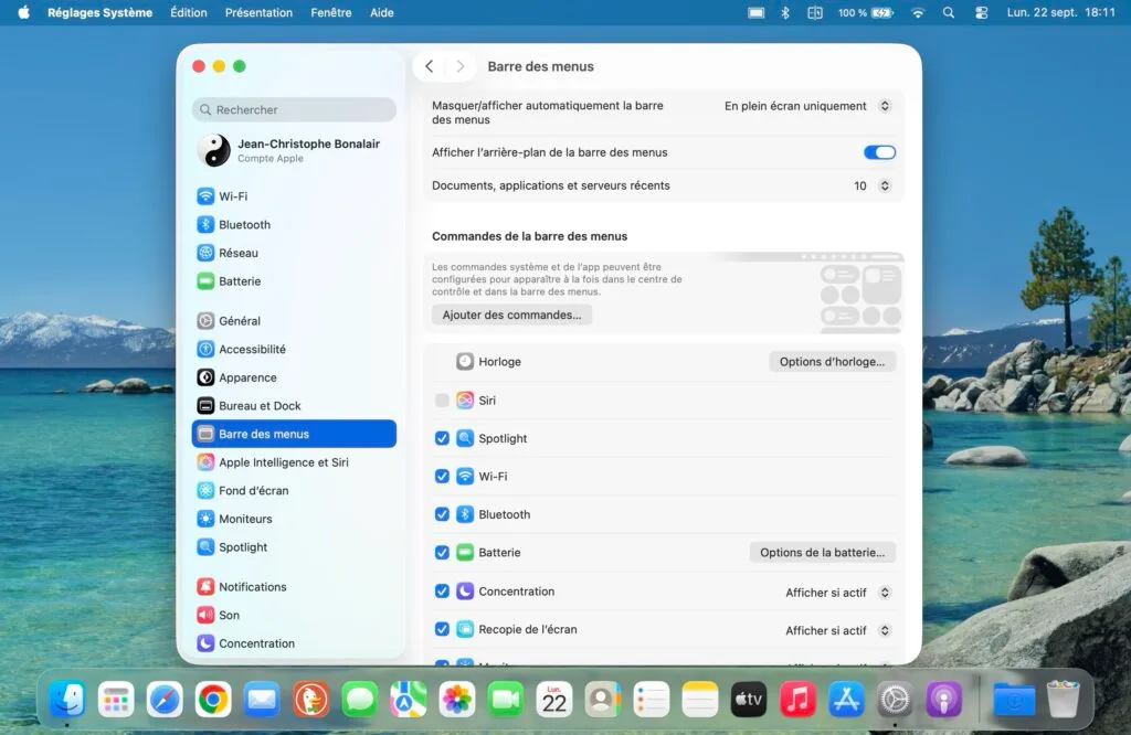 activer fond decran barre des menus macos tahoe