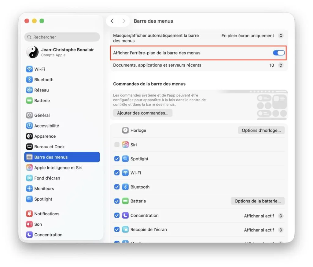 barre des menus macos tahoe enlever transparence