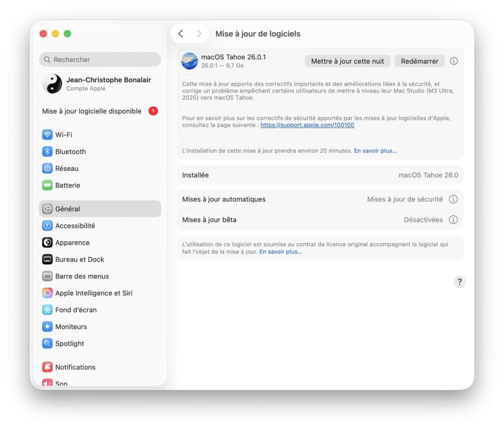 maj macos tahoe 26.0.1