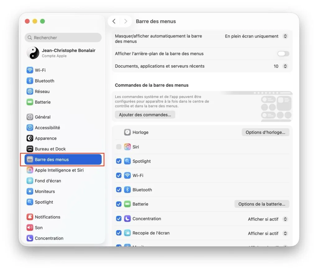 onglet barre des menus macos tahoe 26