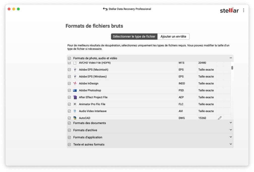 Stellar Data Recovery formats de fichiers bruts