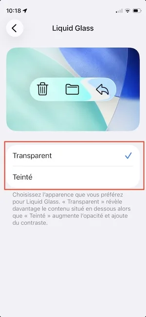 reduire transparence liquid glass iphone ipad