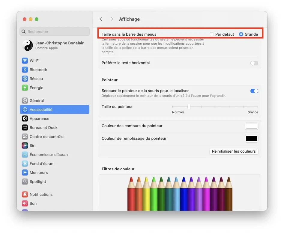 Taille dans la barre des menus