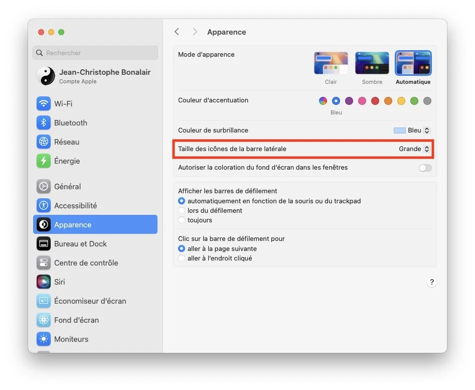 Taille des icones de la barre laterale
