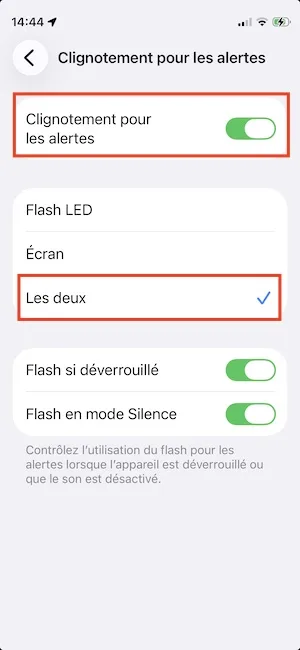 clignotement alerte flash led et ecran iphone
