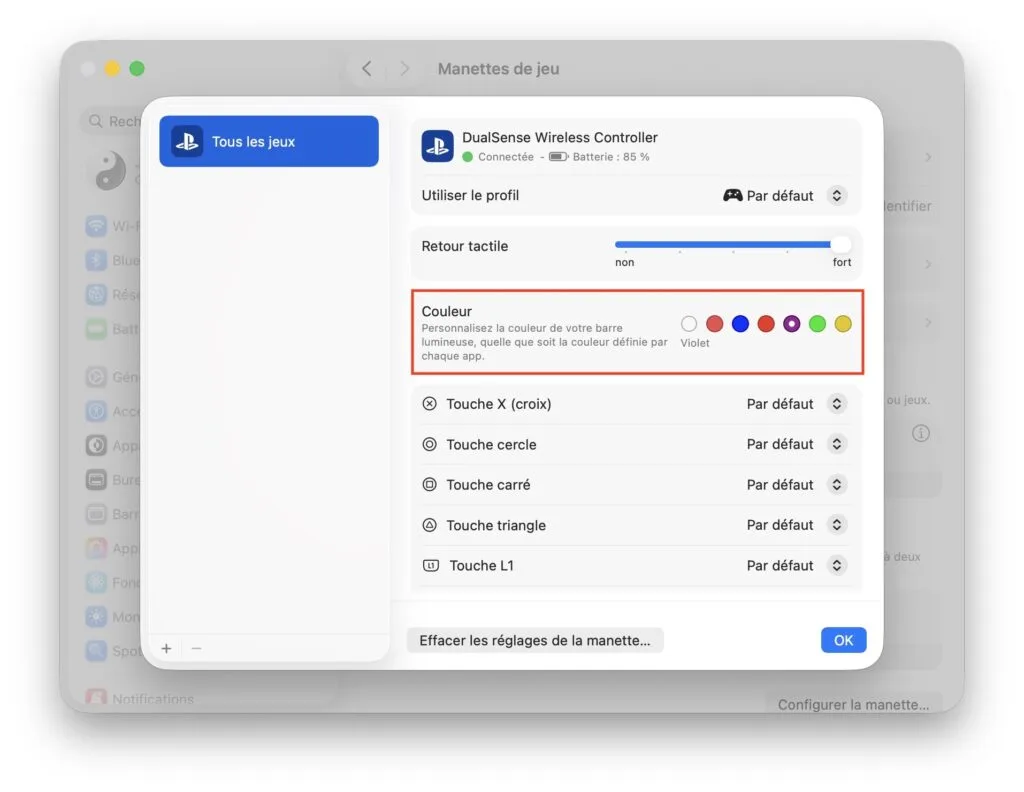 couleur led manette dualsense sur mac