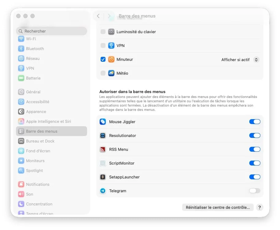 Autoriser dans la barre des menus