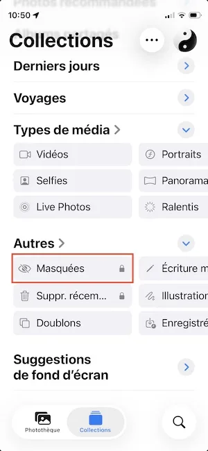 ou sont les photos masquees sur iphone