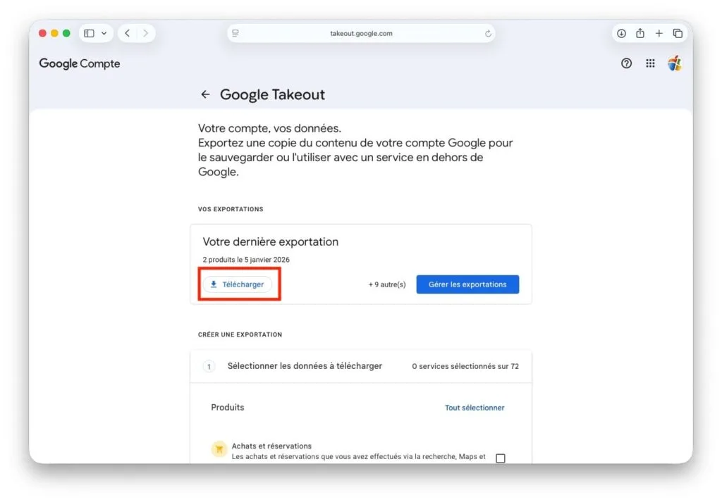 telecharger vos donnees google