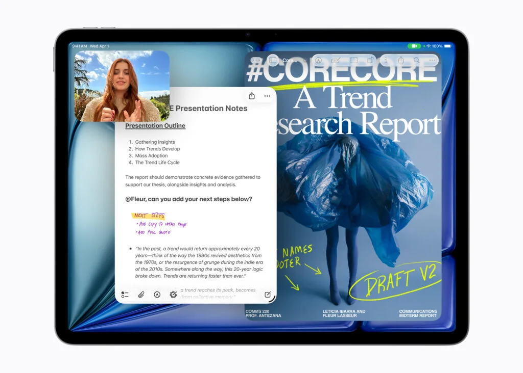 Apple dévoile l’iPad Air M4 : la puissance du Pro au prix de l'Air 1 Gestion du multitâche avec le système Liquid Glass sur l'écran du nouvel iPad Air M4