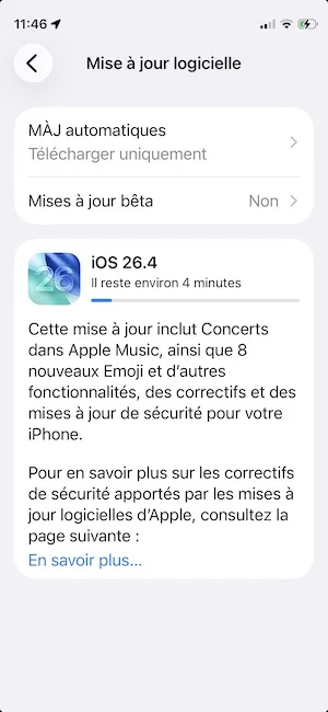 mise a jour ios 26.4 iphone