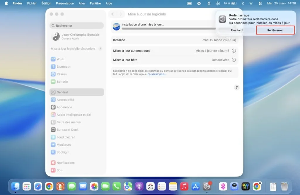 mise a jour tahoe 26.4 redemarrer Mac