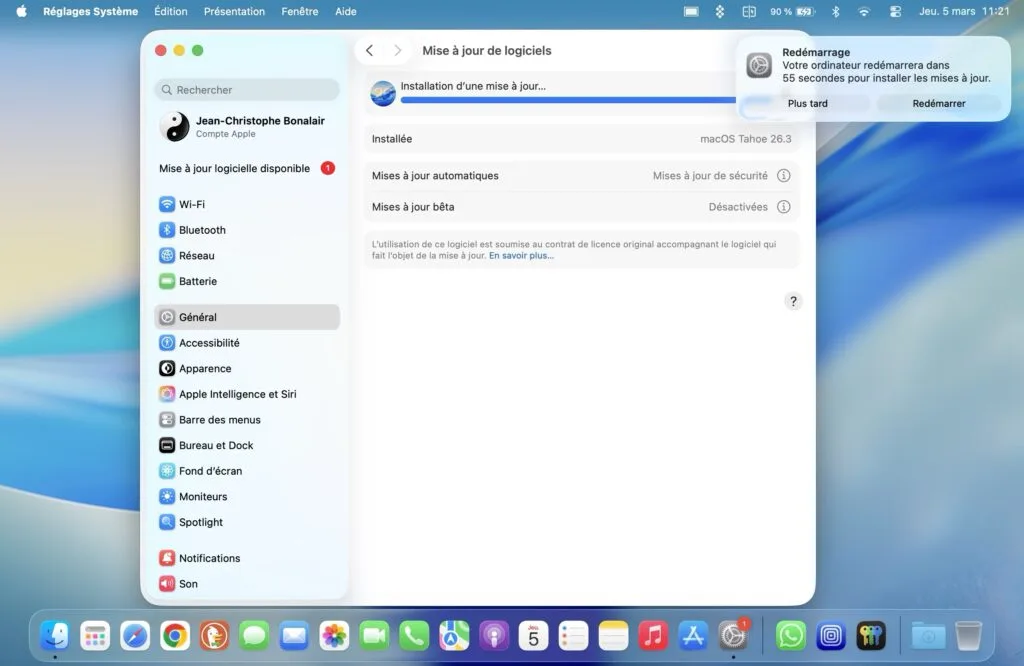 redemarrer macos tahoe 26.3.1