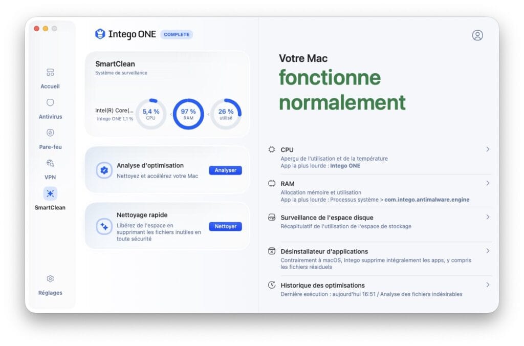 Intego ONE : meilleur antivirus, pare-feu et VPN pour Mac Intel et Apple Silicon M1 à M5 7 Intego ONE SmartClean app nettoyage mac