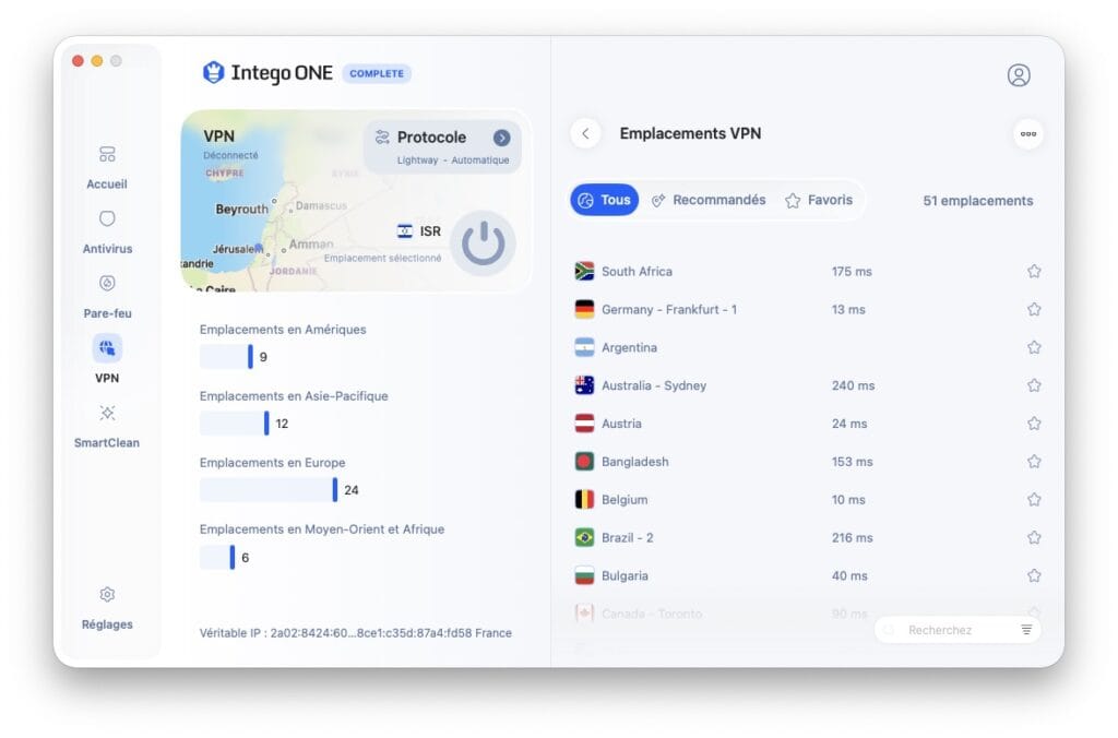 Intego ONE : meilleur antivirus, pare-feu et VPN pour Mac Intel et Apple Silicon M1 à M5 6 Intego ONE VPN emplacements
