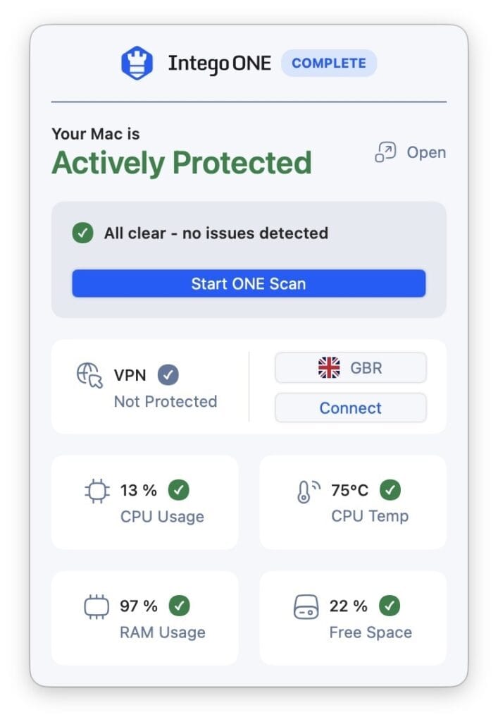 Intego ONE barre de menus