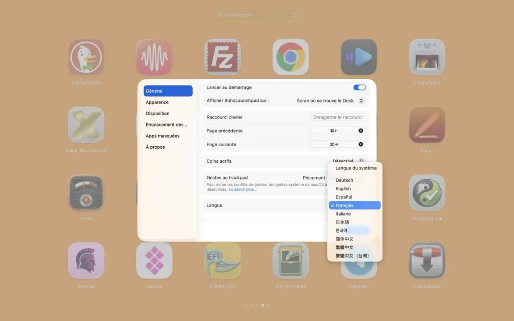 Comment restaurer le Launchpad classique sur macOS Tahoe (BuhoLaunchpad) 3 BuhoLaunchpad Gestion multilingue
